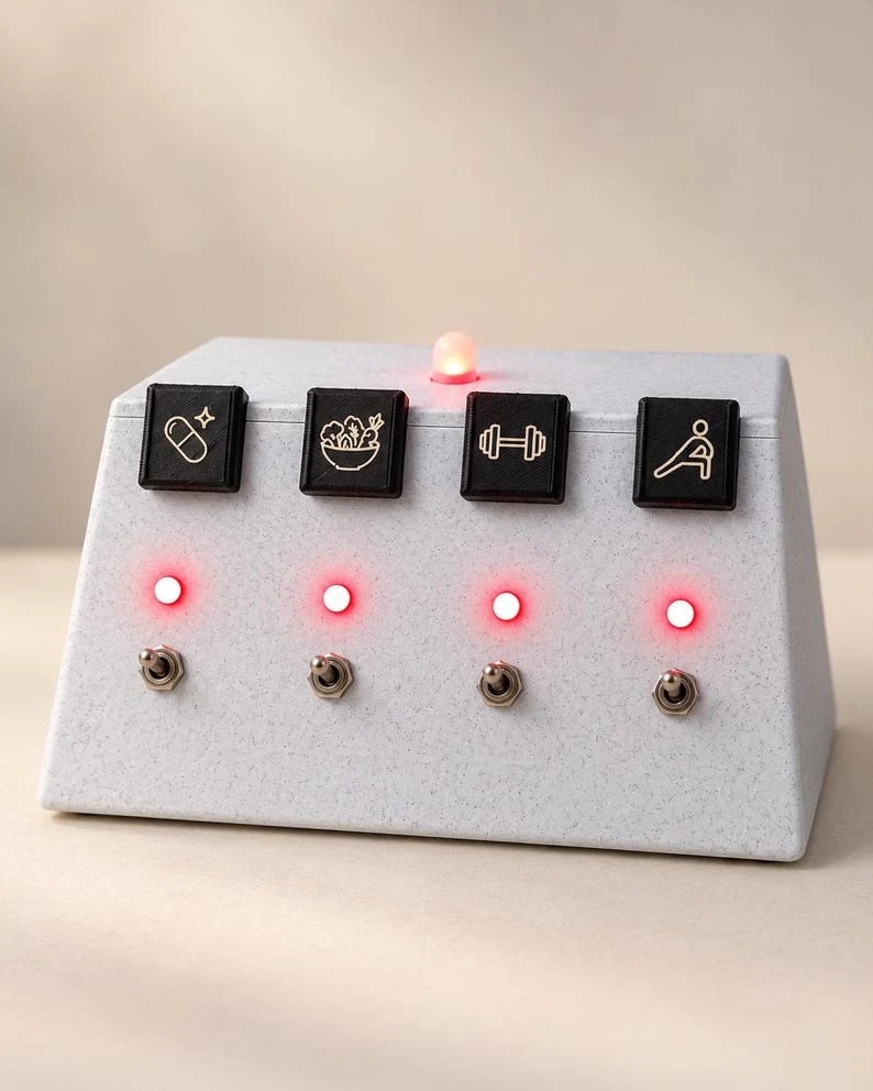 DoBe habit tracker with four physical switches and interchangeable symbol tiles